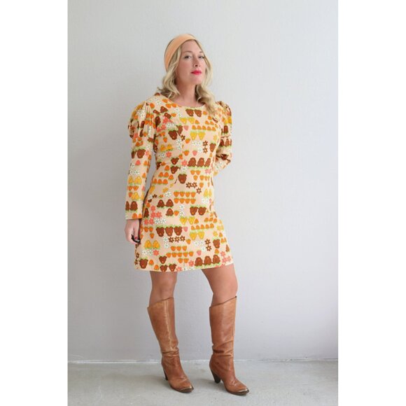 1960s Vintage Autumn Rose Mini Dress & Scarf Set ~ Women's Medium to Large MD LG - Picture 2 of 10